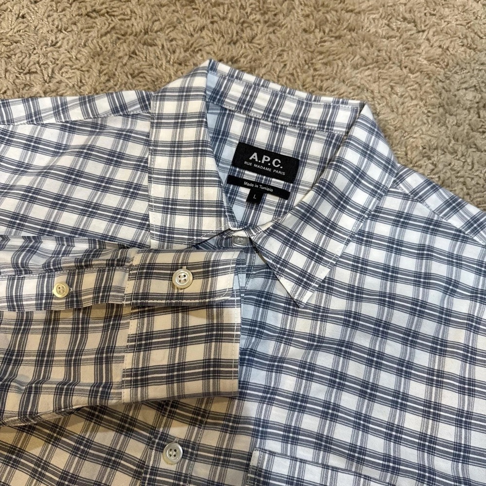 A.P.C. Shirt Mens Large Blue Plaid Long Sleeve Button Up Casual Cotton Top